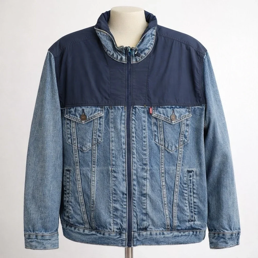 Levis Mens Full Zip Trucker Denim Jacket Blue Sz L Western Mixed Media Workwear - Picture 1 of 10
